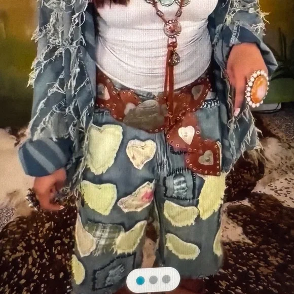 Blue Velvet Patchwork Denim Shorts/Jorts with Heart Accents - Picture 2 of 11